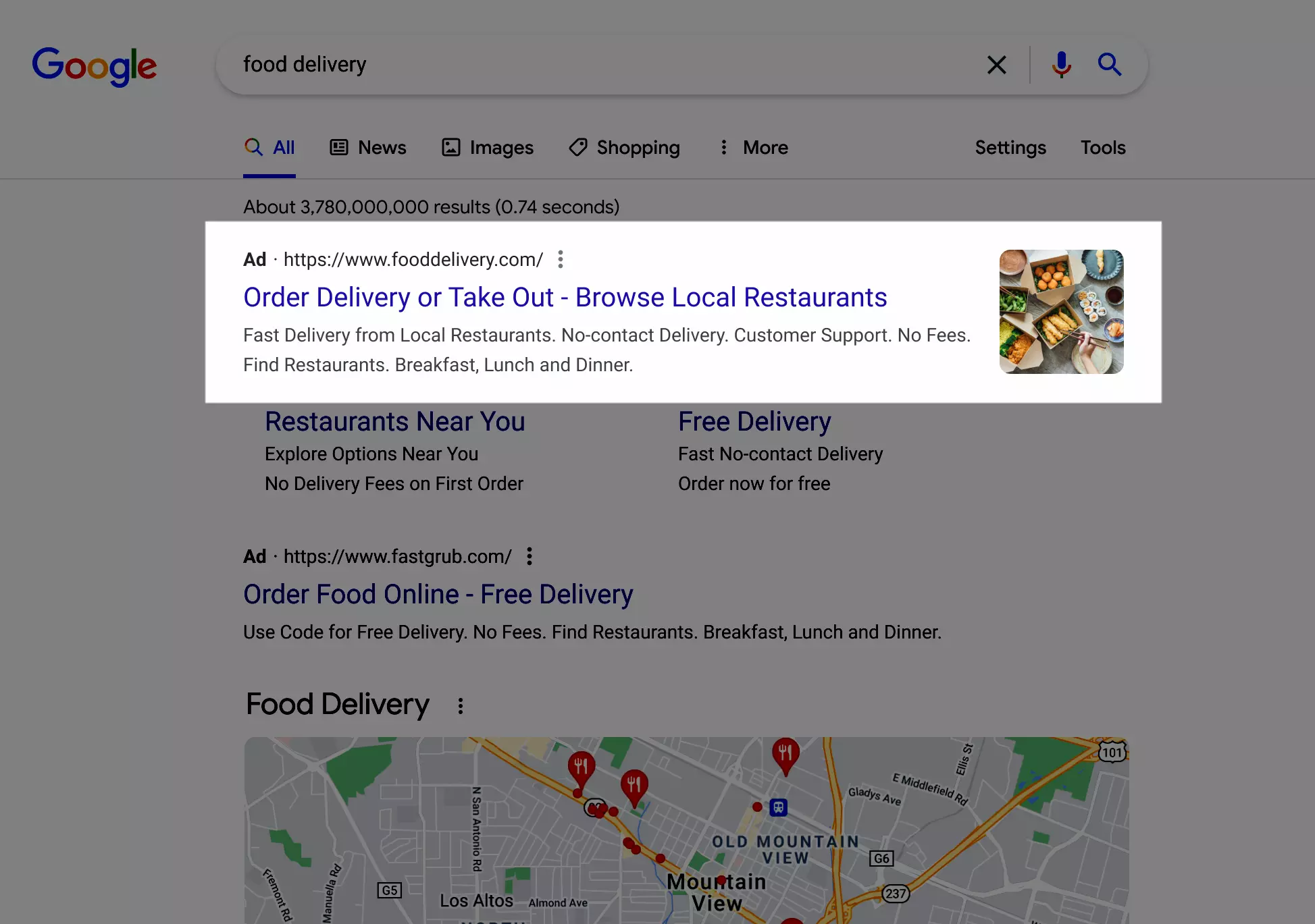 Visual of how a Google Ads for food delivery looks like on a search window