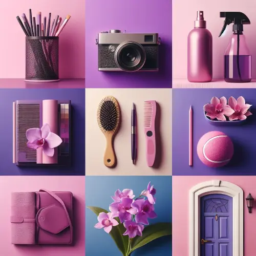 A pen stand, camera, comb, ball, door, flowers, purse and makeup kit in Radiant Orchid colour