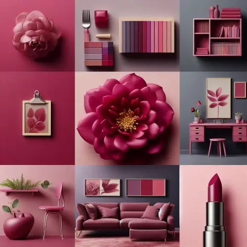 Flower, lipstick, chair, sofa, desk, bookshelf in Viva Magenta colour