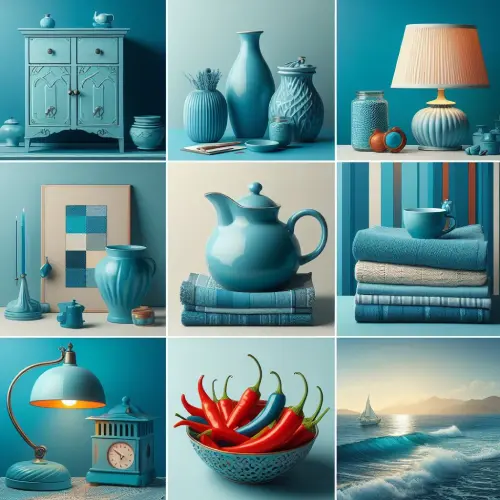 A vase, cupboard, lamp, sea, cups, towels and kettle in Blue Turquoise colour