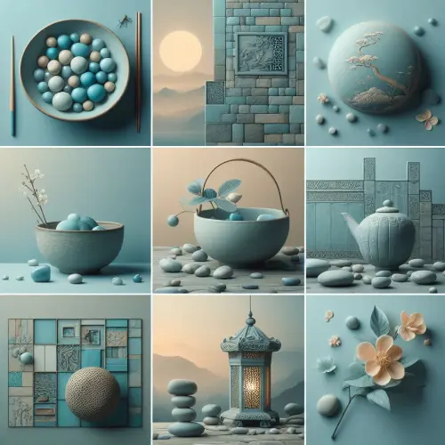 Pebbles, bowls, lantern, flower and wall in Aqua sky colour