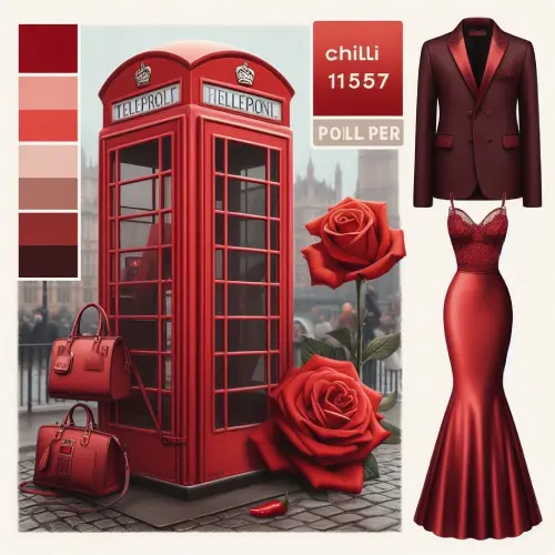 Phone booth, rose, gown, t-shirt, jacket and handbag in chilli pepper colour.