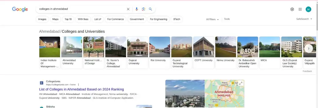 A Google search results for schools in Ahmedabad