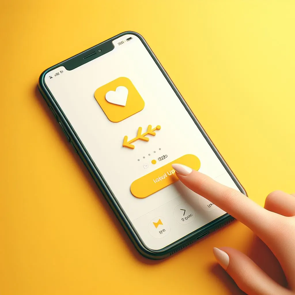 A mobile phone displays a dating app with a yellow background; an arrow points right, indicating swiping right.
