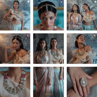 An instagram grid of 9 posts showcasing models wearing diamond jewellery