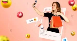 Concept art of an influencer taking a selfie while promoting products