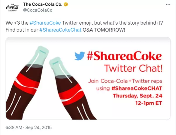 A screenshot of a tweet by Coca-Cola as a part of their Share A Coke social media marketing campaign