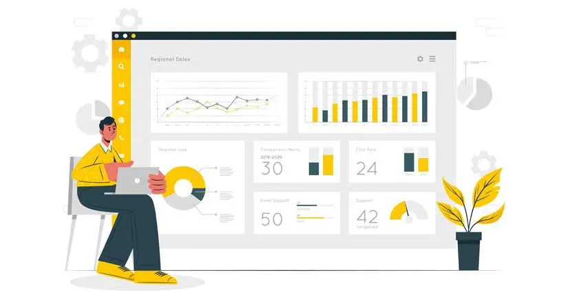 An yellow and black illustrated vector art showcasing the concept of a digital advertisement dashboard with a digital marketeer sitting next to it