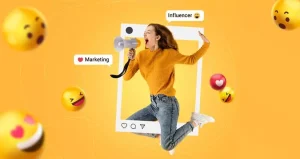 Concept photo of a girl jumping out of the frame of an Instagram post with a megaphone to signify influencer marketing