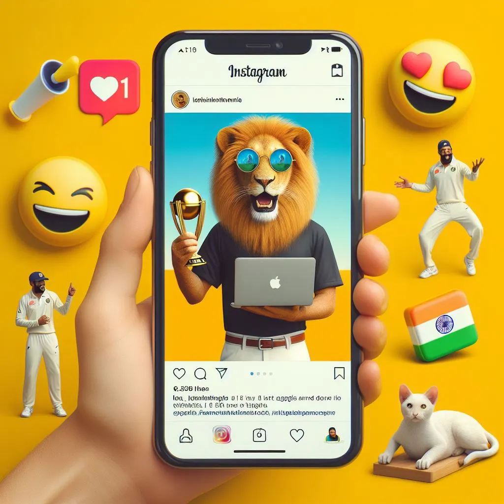 An open mobile phone, Instagram, a lion, cats, a trophy, a world and people dancing