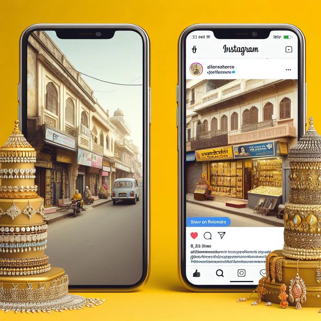 A jewellery store in the street and a mobile phone with a jewellery Instagram account 