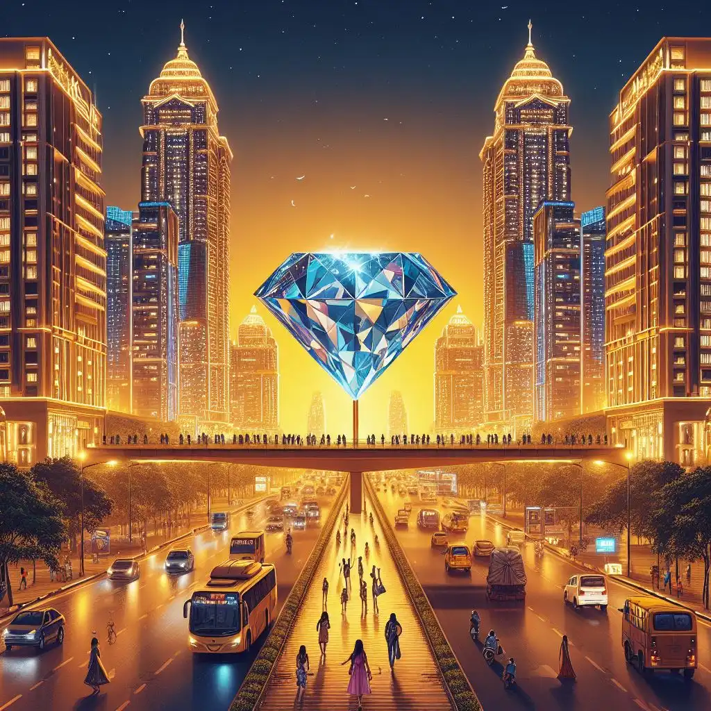 A road, buildings with light, people and a big diamond