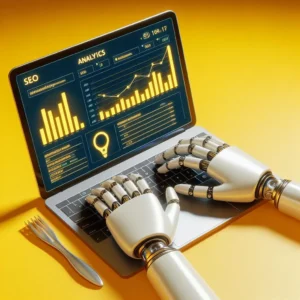A robot hands typing on the laptop that shows SEO analytics to show the use of AI in SEO.