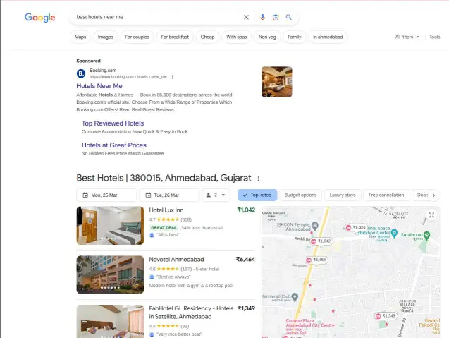 Google search results of nearby hotels