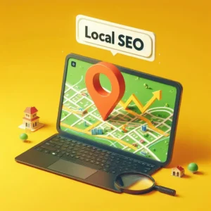 A laptop with Google Maps opened showing local SEO
