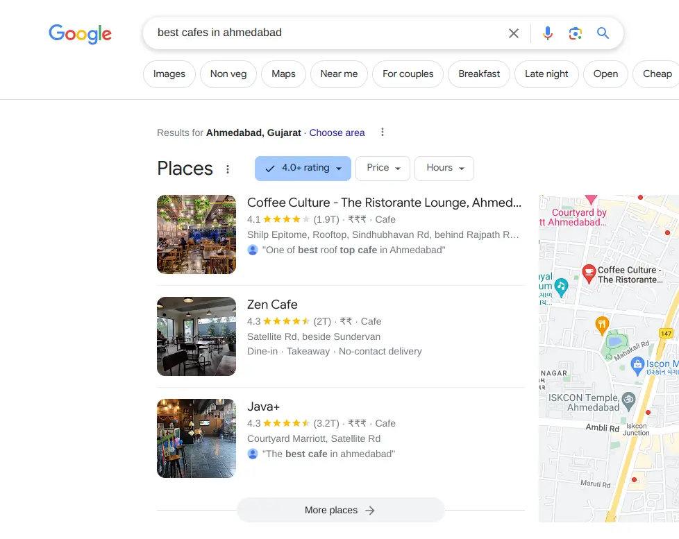 Google search results for “ best cafe in Ahmedabad”
