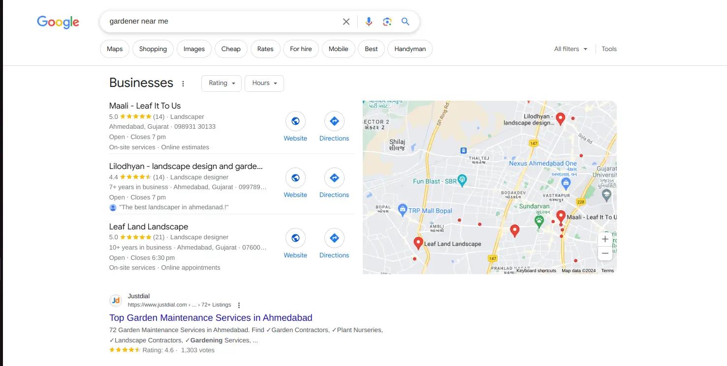 Google search results for near me search