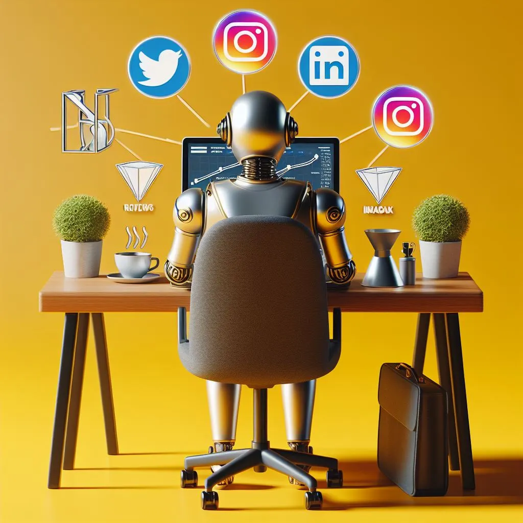 An illustration of a robot’s back as it sits in front of a laptop, surrounded by icons representing reviews, a funnel, graphs and social media platforms like Instagram, Facebook, and LinkedIn, all set against a vibrant yellow background.