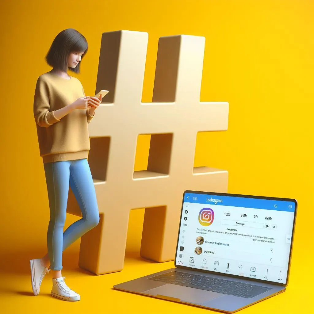 A girl standing near a hashtag while holding a phone, with an open laptop displaying Instagram’s explore page featuring the ‘trending’ hashtag on a yellow background
