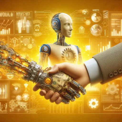 The image shows a handshake between marketing and AI against a yellow background