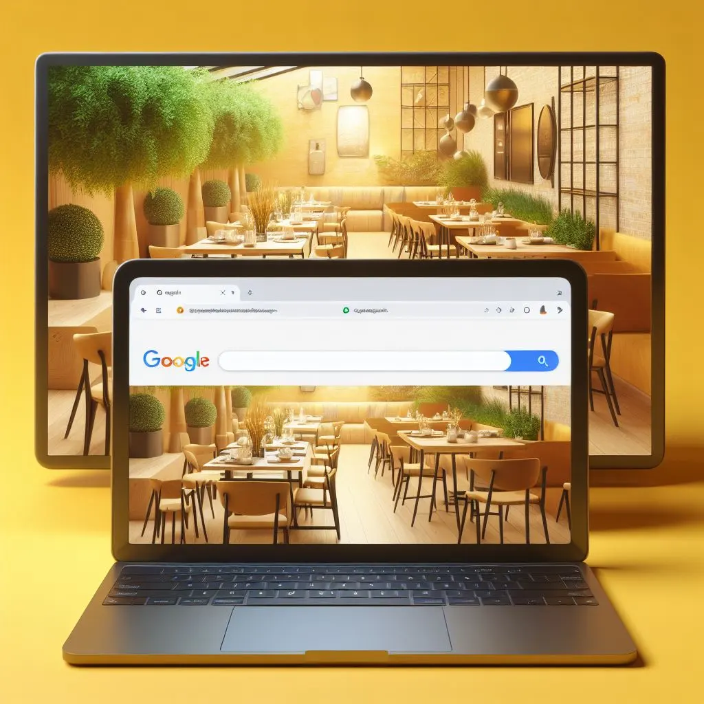 A split-screen image with a yellow background, showing an aesthetic cafe on one side and a laptop displaying the cafe’s website on Google search results on the other