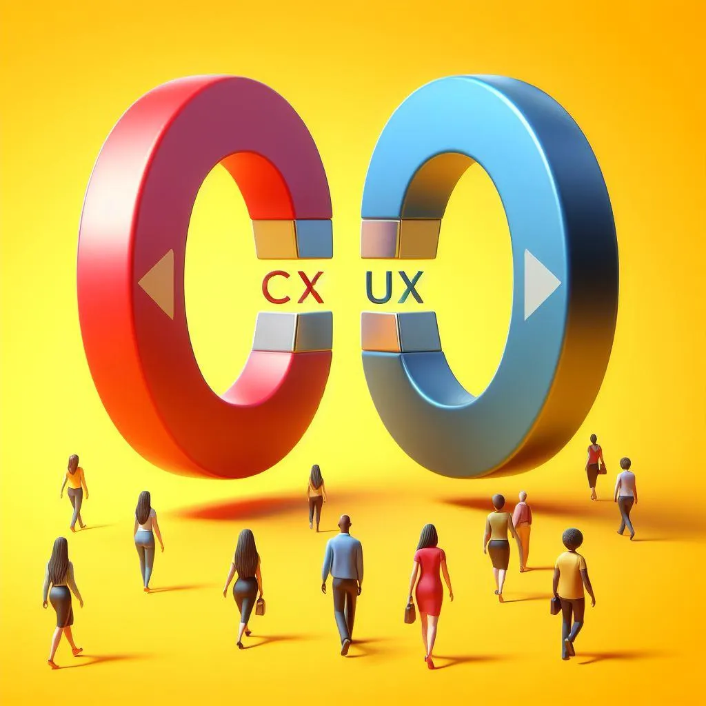 An image showing two large circles with ‘CX’ and ‘UX’ written inside, attracting people towards them like magnets on a yellow background