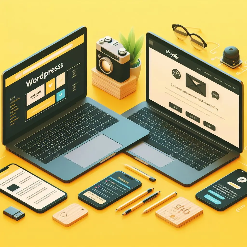 Two laptops against a yellow background, one displaying a WordPress interface for website building and the other showing a Shopify platform with code elements for CMS