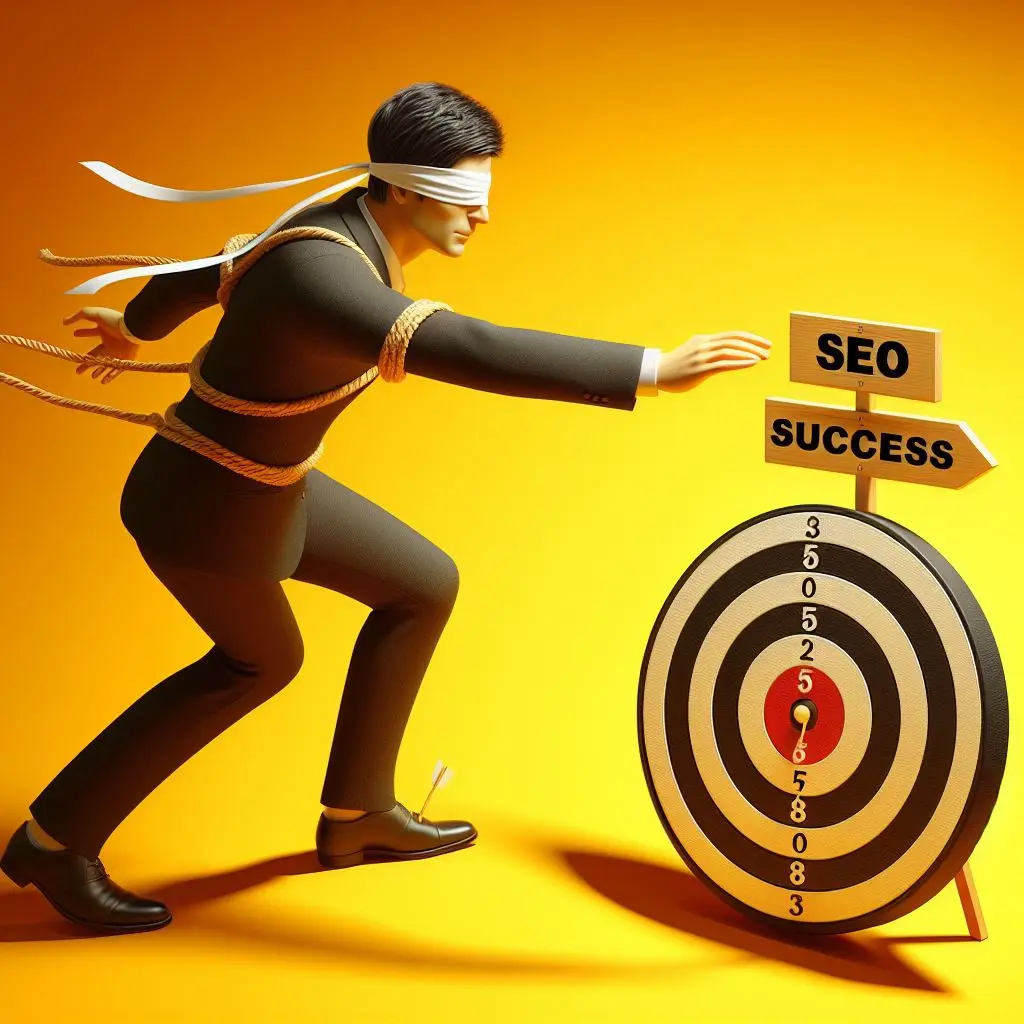 A blindfolded person reaching out towards a target labelled ‘SEO Success’, illustrating the challenge of achieving SEO goals without proper guidance.