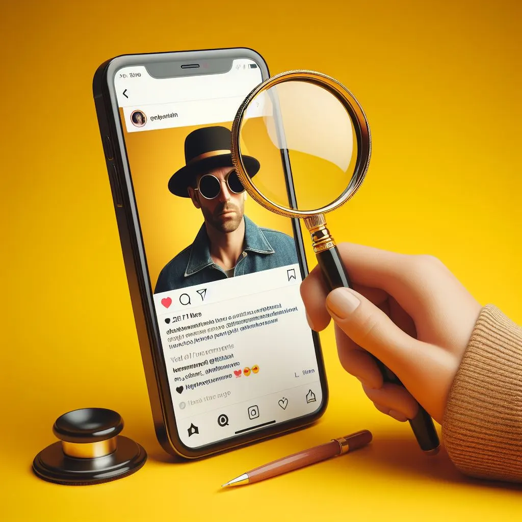 A detective analyses a social media influencer’s Instagram post, set against a yellow backdrop, through a magnifying glass.