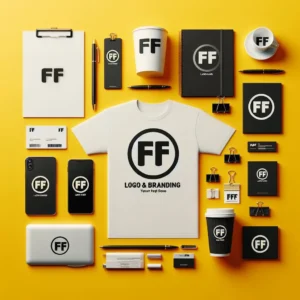 Various items including a t-shirt, notebook, pen, cup, business cards, mobile, laptop, and business files, all featuring the minimal ‘FF’ logo on a yellow background with ‘Logo & Branding’ text displayed prominently