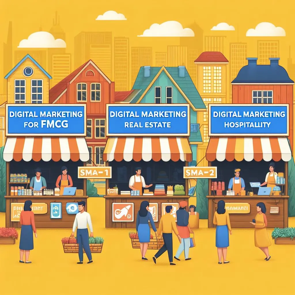 Colorful market scene with stalls showcasing banners for digital marketing strategies in FMCG, real estate and hospitality sectors against a vibrant yellow background