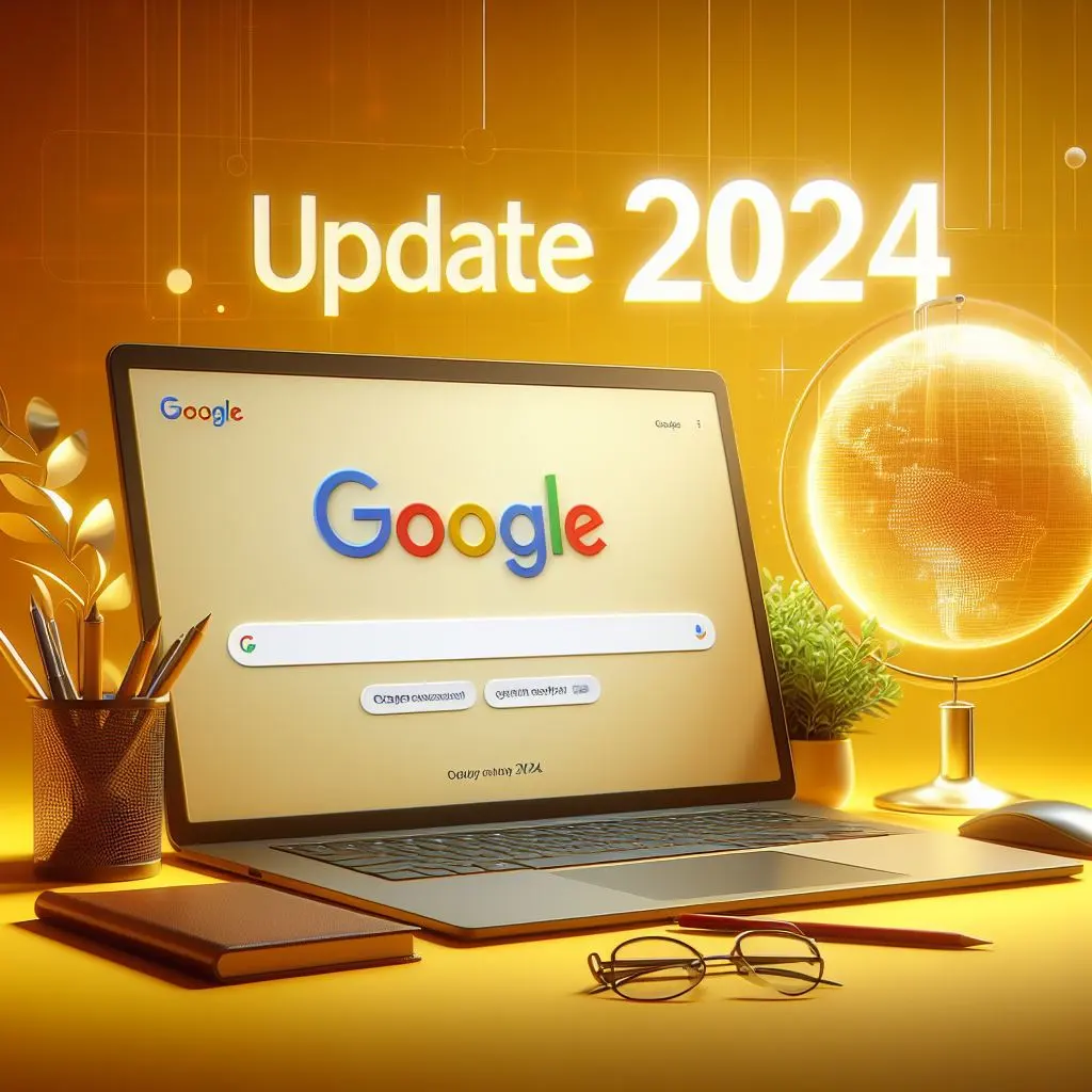 A laptop opened with Google search results and Google logo with text written “update 2024”