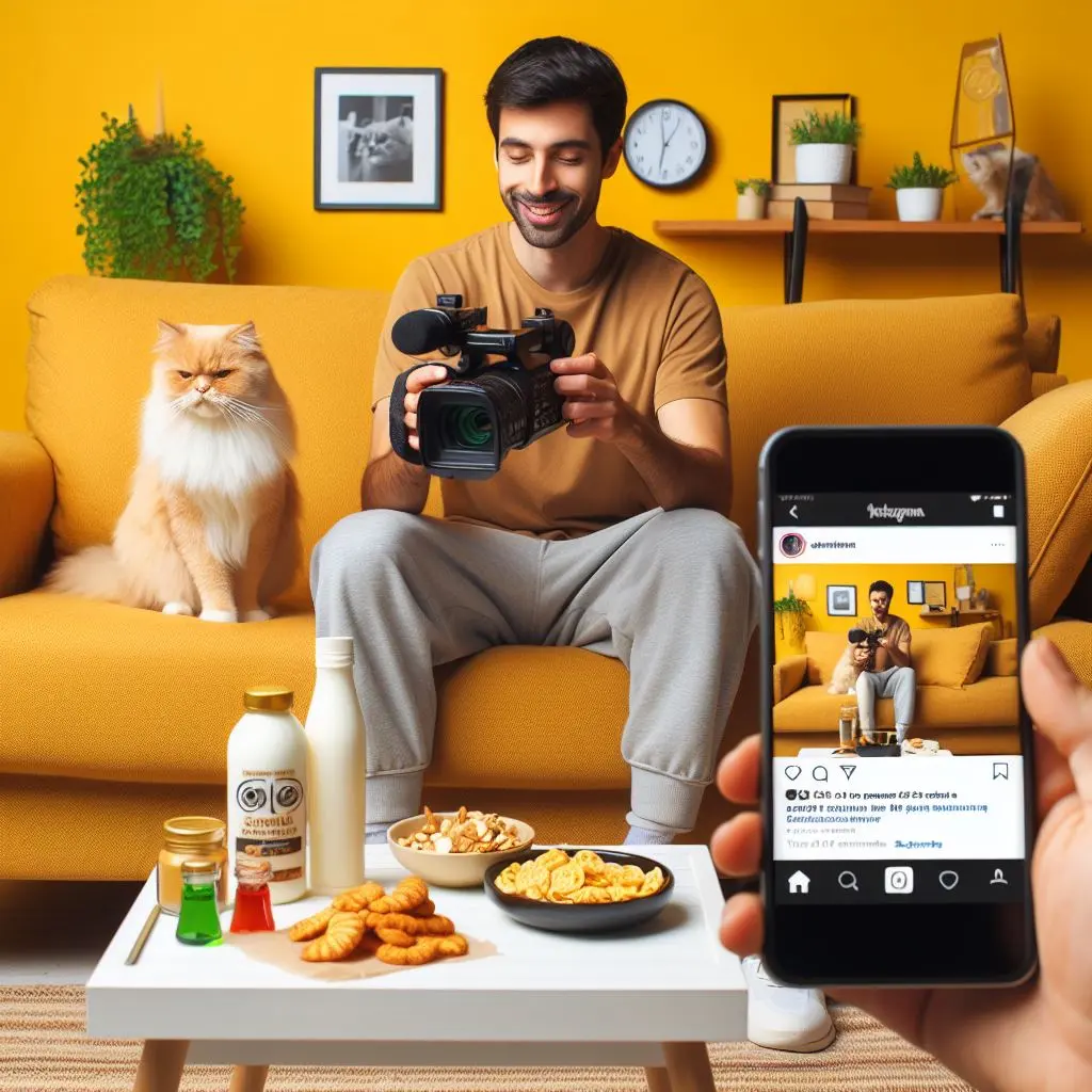 A man shooting video of products with a cat sitting on a sofa beside him