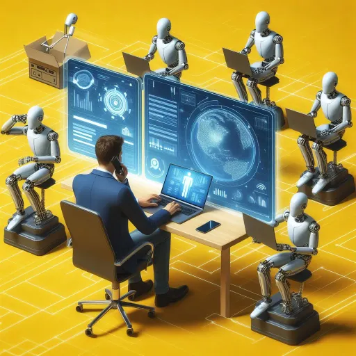 An image depicting five unique robots working swiftly on individual laptops with a person overseeing them, while also engaged in an important task, all set against a yellow background.