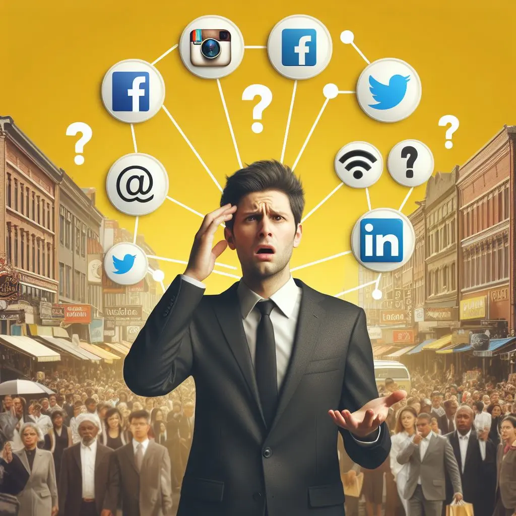 A man in a suit confused about different social media platforms such as Instagram, Facebook, Linkedin and Twitter.