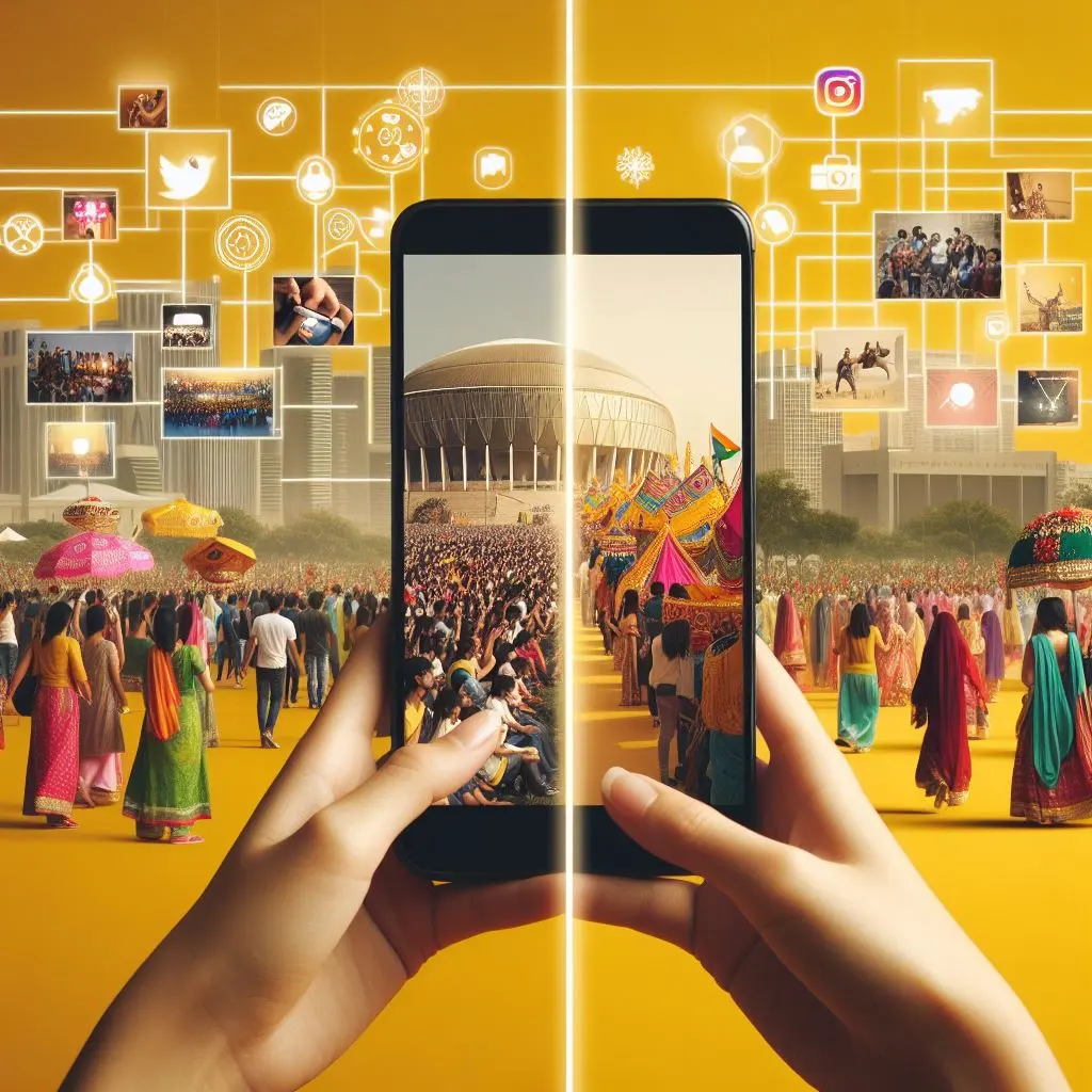 view of people engaging with a local Gujarat event on smartphones against a yellow backdrop, alongside lively scenes from the event itself, showcasing the blend of digital and in-person experience