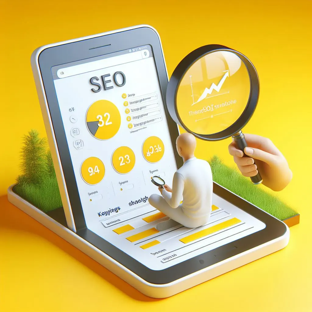 A person is sitting on a big tablet and using a magnifying glass to look at SEO details, all on a yellow background