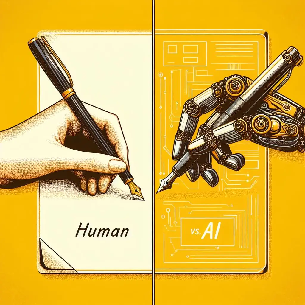 Human hand with fountain pen vs. robotic arm with metallic pen on yellow background.