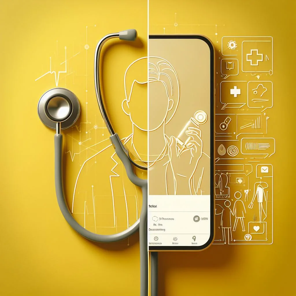 An image showcasing the convergence of healthcare and social media, with a stethoscope outline on the left and a depiction of a social media influencer on a smartphone screen on the right, against a yellow background