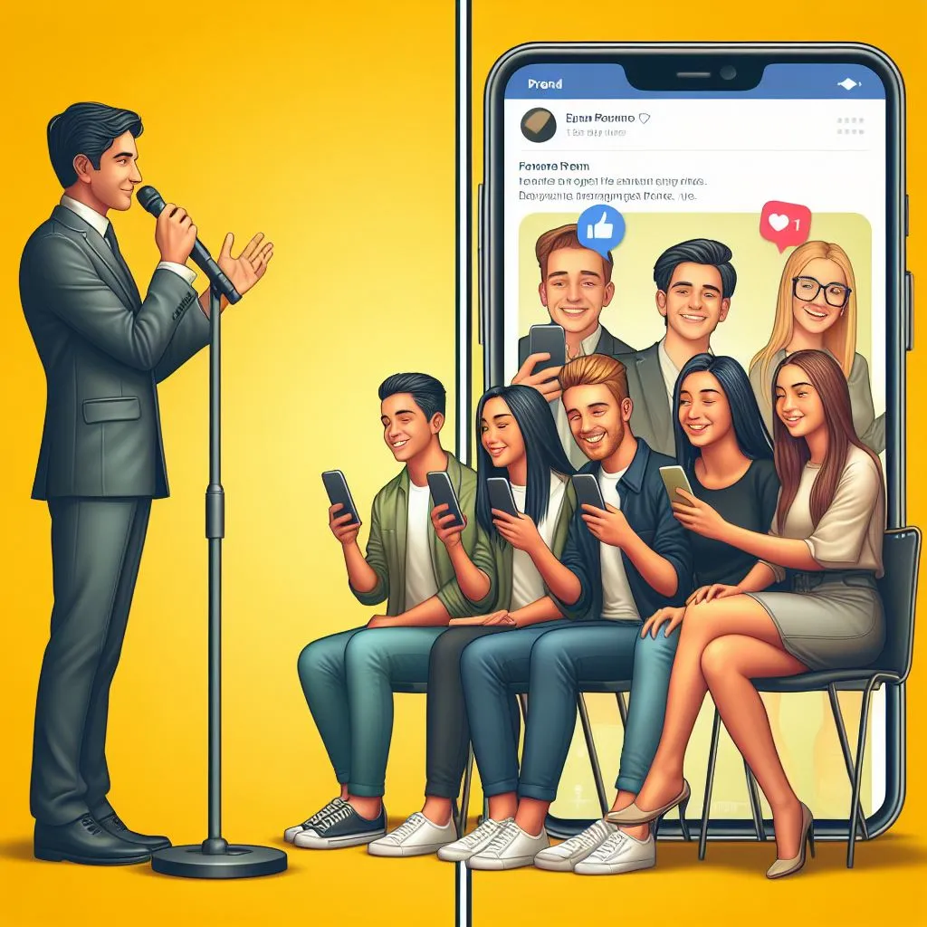 A split-screen image with a business owner pitching on stage to disinterested young adults on one side, and the same group engaging happily with a brand’s social media post on their phones on the other, all set against a yellow background
