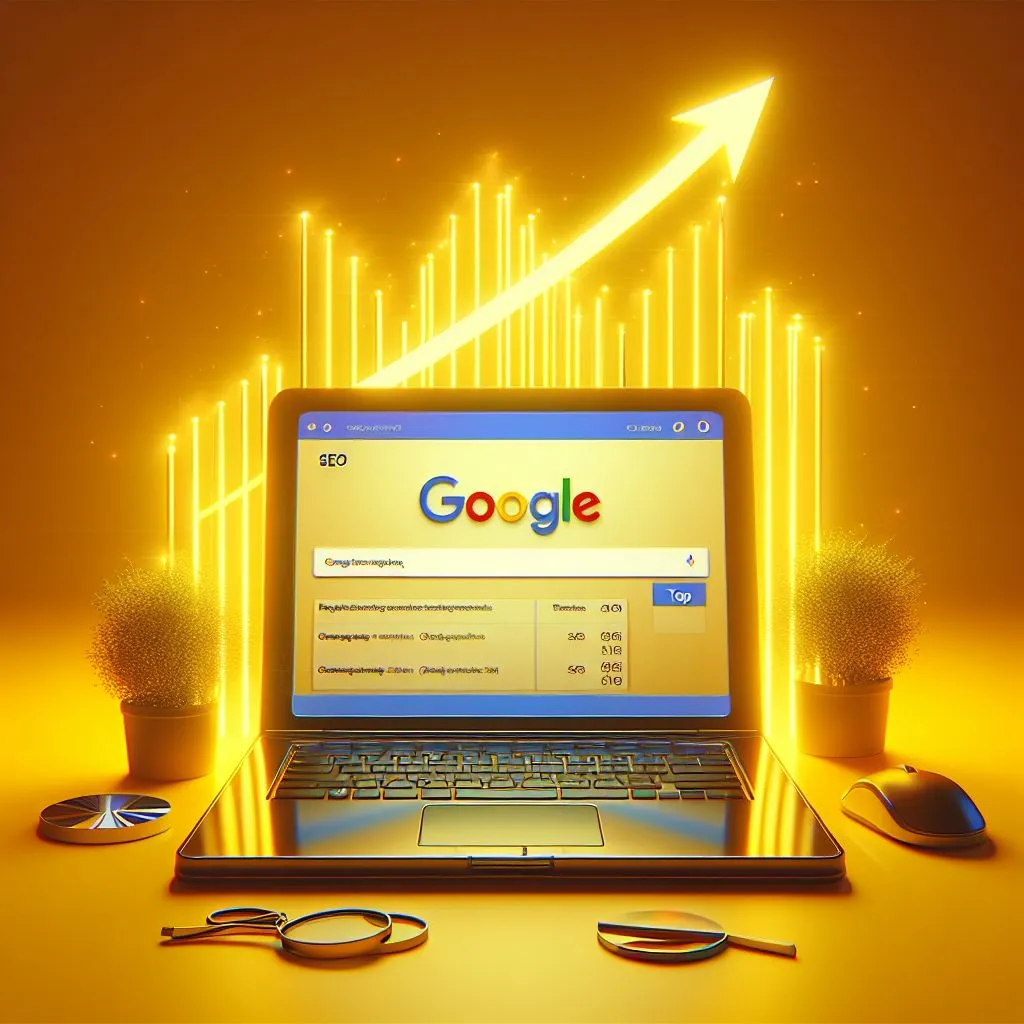 An open laptop displaying the top 3 Google search results with rankings and a growth arrow, against a yellow background with ‘SEO’ text on the left