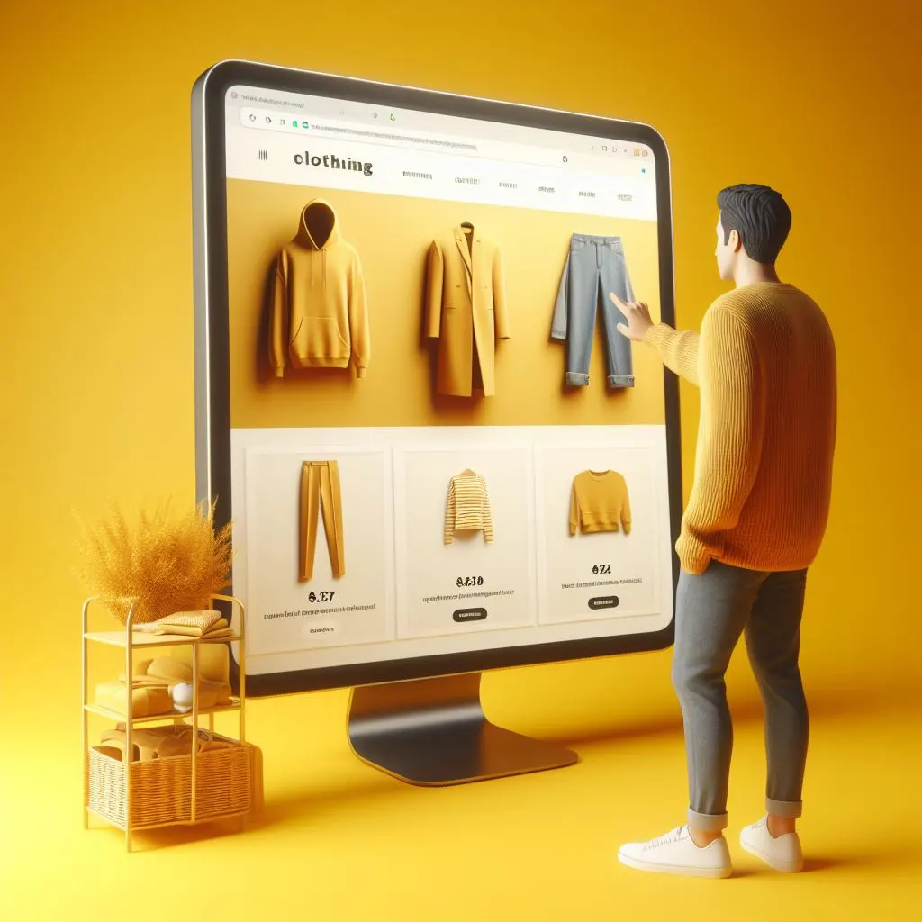Customer interacting with a clothing brand’s website on a large screen against a yellow background, reflecting a minimalist design
