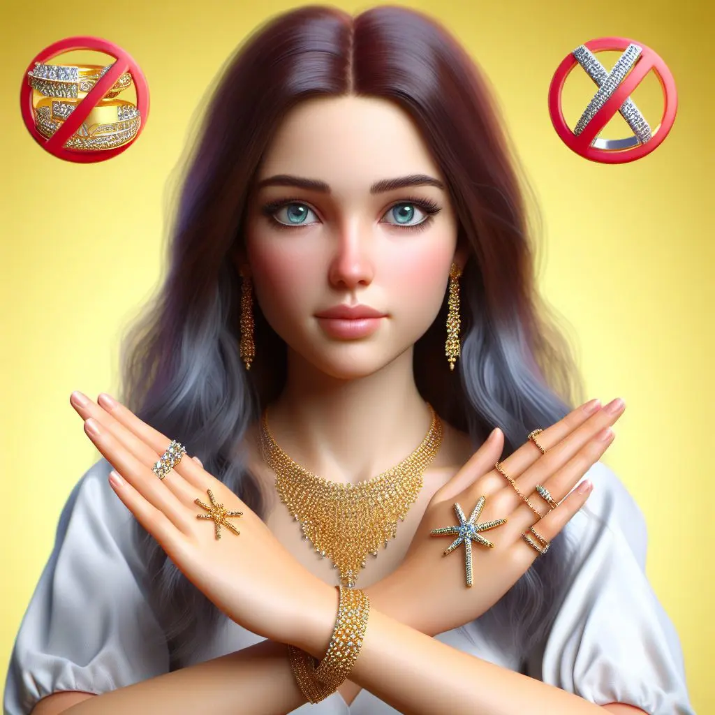 A girl wearing jewellery and making a cross with her hands to indicate things not to do in jewellery marketing against a yellow background.