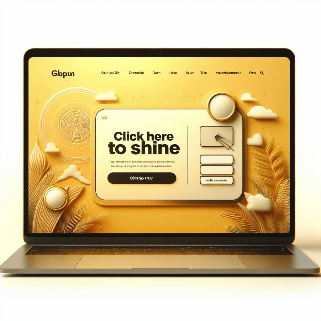 A website’s homepage opened on a laptop with a call to action button in a yellow background