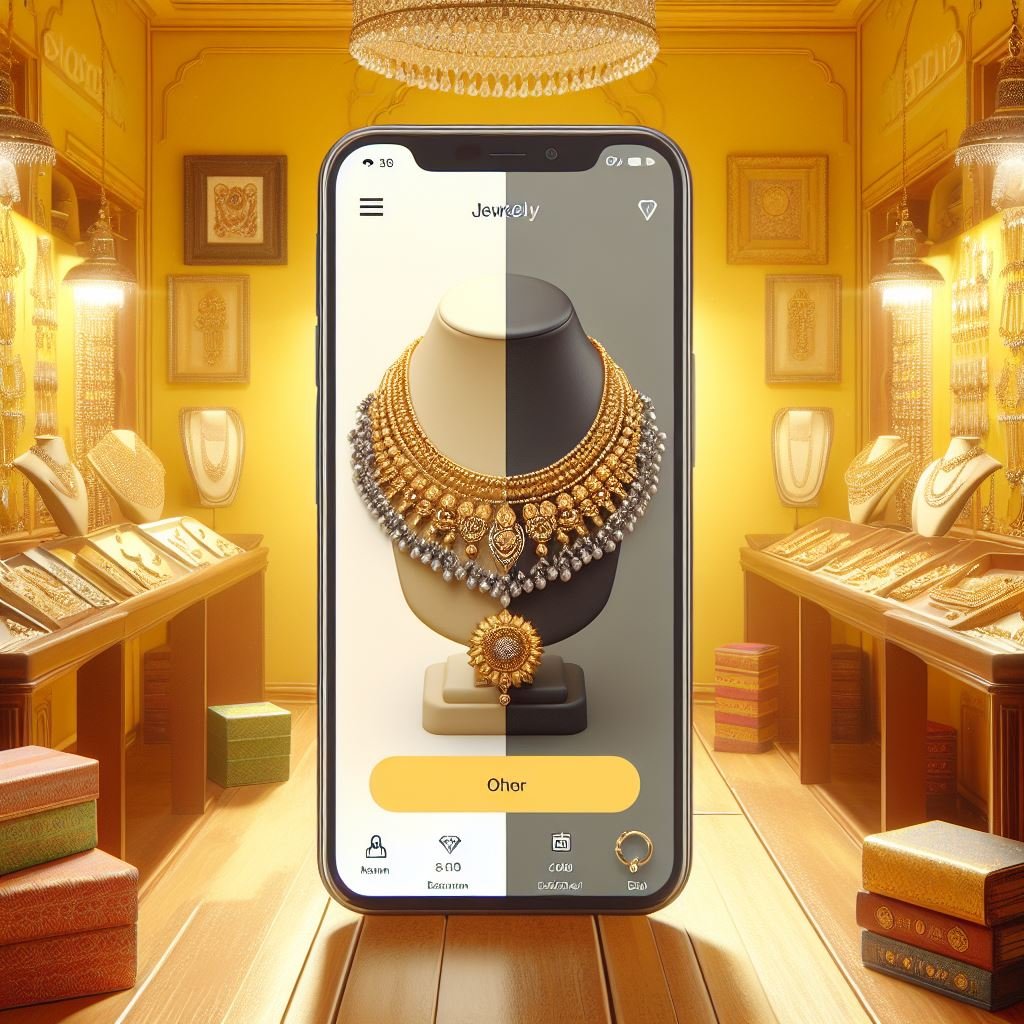 Traditional Indian jewellery showcased in a Surat showroom on one side and the same pieces featured on an e-commerce site on a smartphone screen on the other, against a yellow background