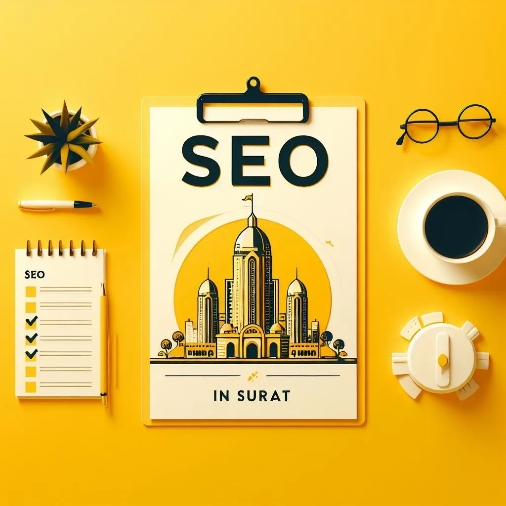 Minimalistic yellow background showcasing ‘SEO in Surat’ with iconic landmarks and an SEO checklist.