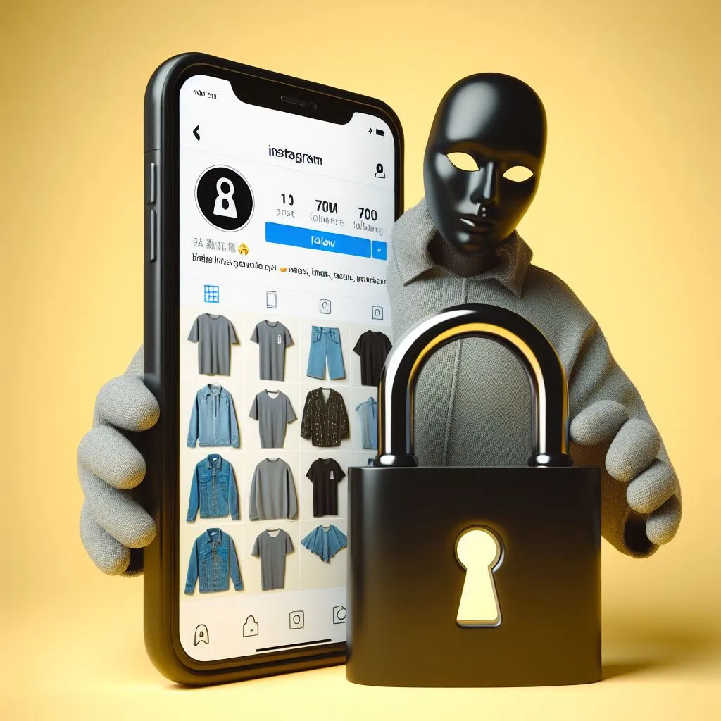An artistic representation of a phone displaying a popular clothing brand’s Instagram profile with security symbolized by a prominent lock and a mysterious black masquerade mask