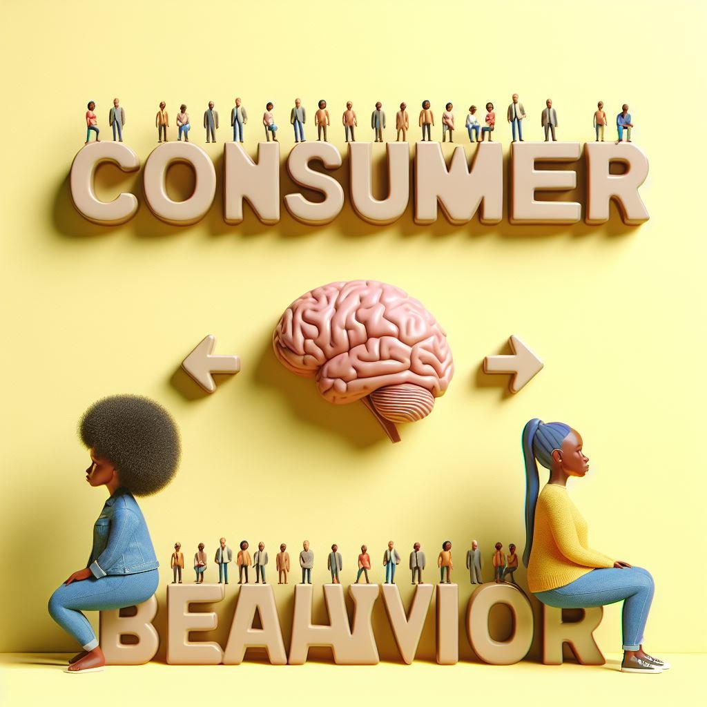 An illustration showing the phrase ‘CONSUMER BEHAVIOUR’ with a small brain on the letter ‘I’ and tiny figures sitting atop each letter