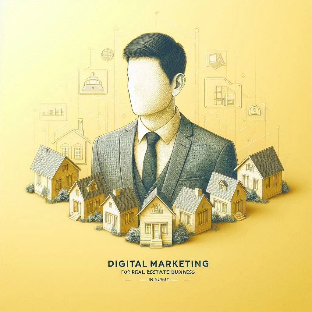 Formal-dressed man with a tie standing among small houses, with ‘Digital Marketing for Real Estate Business in Surat’ written above