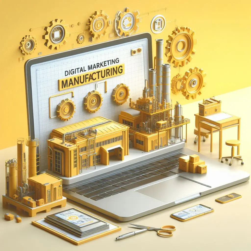 An industrial manufacturing unit with a laptop on a table displaying the text ‘Digital Marketing Manufacturing’ against a light yellow background.